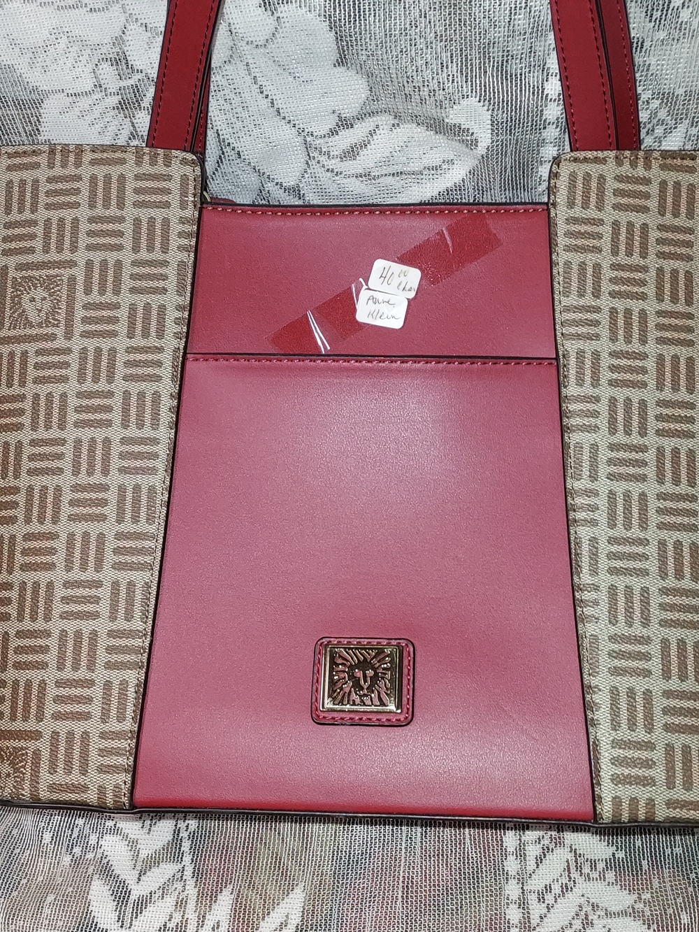 Women's Red Tote Bag with Patterned Side Panels ANNE KLEIN 10 X 16
